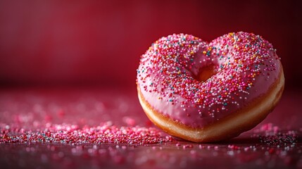 Delicious heart-shaped donut with pink icing and colorful sprinkles, celebrating love and sweet treats