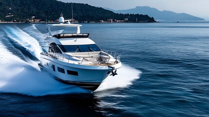 Fototapeta premium Luxury Yacht Speeding Across the Ocean with Picturesque Coastal Landscape In Background : Generative AI