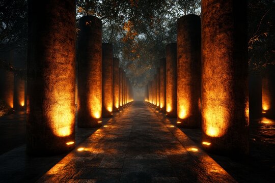 A 3D-rendered scene of the Nunnery Quadrangle at Uxmal, with intricate lighting effects highlighting the detailed carvings and symmetrical layout