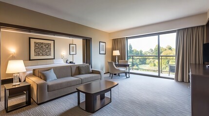 Fototapeta premium Modern hotel room with large windows and comfortable seating area : Generative AI