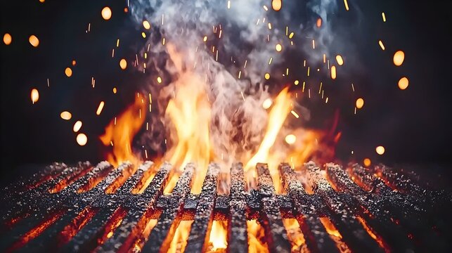 Fiery BBQ Grill, Hot Coals Glowing, Embers, Flames, Smoke, Sparks. Perfect for menus, articles, and websites related to grilling, BBQ, and outdoor cooking.