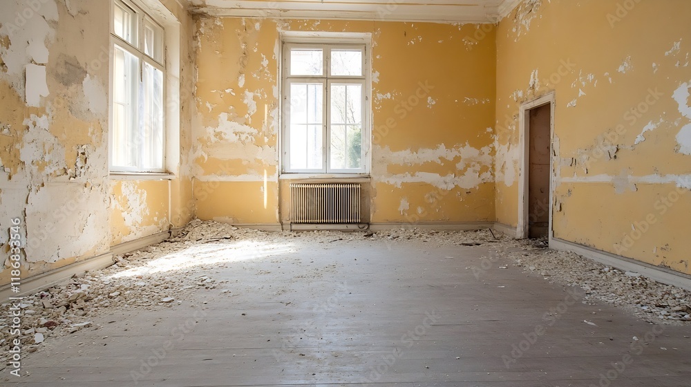 Poster abandoned room with peeling paint and natural light capturing a timeworn yet inviting atmosphere : g