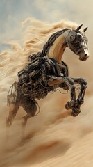 Obraz premium Mechanical horse with exposed gears and pistons galloping in desert, kicking up sand and dust