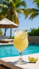 A relaxing tropical vacation scene featuring a refreshing margarita by the pool