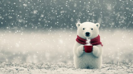 Fototapeta premium A cute polar bear in a red scarf holding a warm drink amidst falling snowflakes in a wintry landscape.