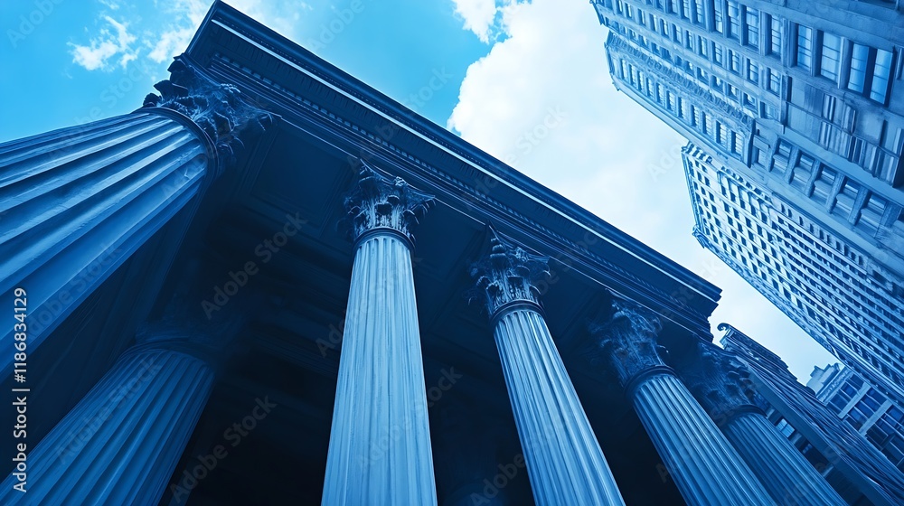 Poster majestic neoclassical architecture with towering pillars and skyline view : generative ai