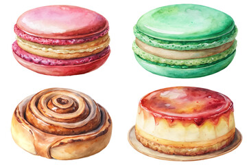 Colorful macarons, delicious pastries, watercolor illustration, sweet desserts, gourmet treats, vibrant food art.