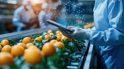 A worker in a food processing facility checks data on a tablet while inspecting oranges on a conveyor belt, highlighting automation and quality control in agriculture.