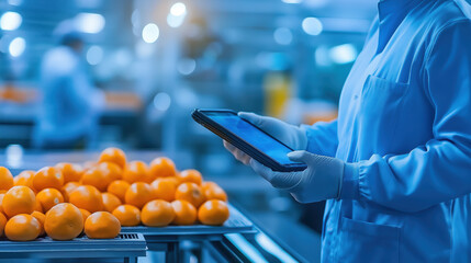 A worker in a lab coat uses a tablet near a conveyor of oranges, highlighting technology in food processing and quality control.