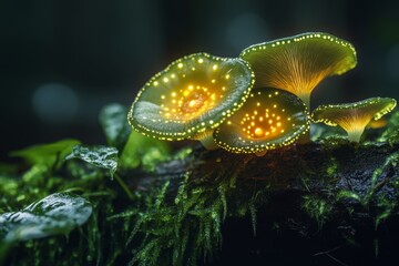 A UV lens capturing the fluorescence of fungi on a forest floor, with glowing patches of light scattered across the scene