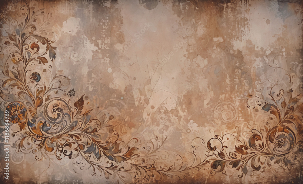 Poster painting of a flowery design with a brown background. the background is covered in splatters of pain