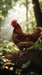 Fototapeta premium Vibrant red hen pecking through autumn leaves, hunting seeds in dappled forest sunlight during morning foraging