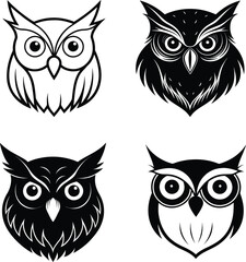A Set of Owl face line art and silhouette vector illustration