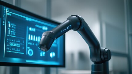 Modern robotic arm equipped with computer vision technology performing quality control checks on products in a high tech manufacturing environment, enhancing efficiency and precision