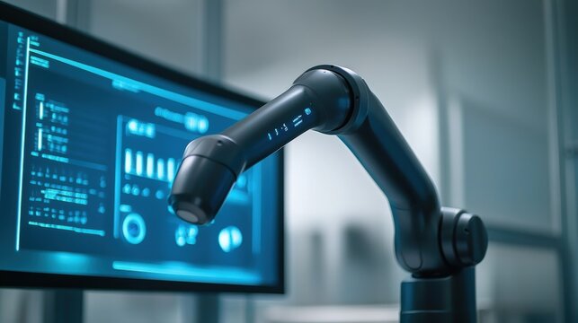 Modern robotic arm equipped with computer vision technology performing quality control checks on products in a high tech manufacturing environment, enhancing efficiency and precision