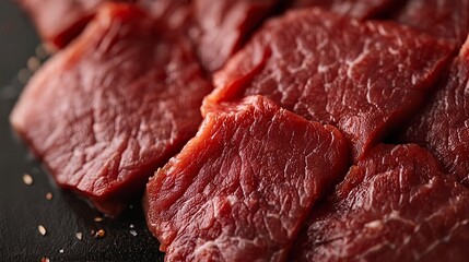 Raw beef slices on a black surface.