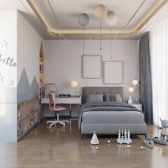 cute kids bedroom with modern bed, decor and empty three poster framed on the wall. 3d rendering