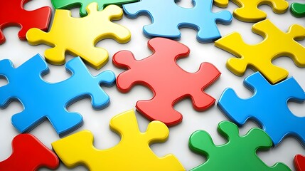 Colorful puzzle pieces scattered on a white background. Ideal for concepts of teamwork, problem-solving, and unity.