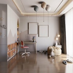 cute kids bedroom with desk and empty two poster framed on the wall. 3d rendering