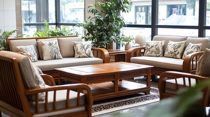 Obraz premium Elegant Living Room with Wooden Furniture and Greenery : Generative AI