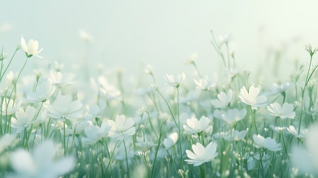 Springtime field with white flowers in bloom.