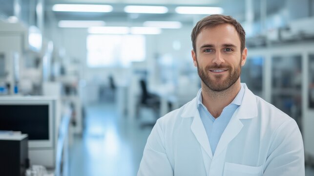 Confident Lab Technician: A young, smiling male scientist in a lab coat stands confidently in a laboratory setting, his positive expression highlighting his passion for scientific exploration.