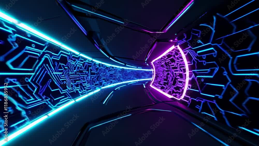 Leinwandbilder experience a futuristic tunnel with glowing circuit patterns and vibrant blue lighting during a virt