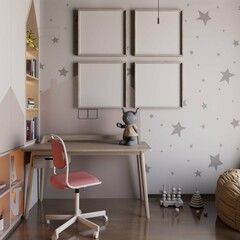 cute kids bedroom with desk and empty four closeup poster framed on the wall. 3d rendering