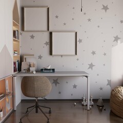 cute kids bedroom with desk and empty two poster framed on the wall. 3d rendering