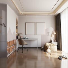 cute kids bedroom with desk and empty two poster framed on the wall. 3d rendering
