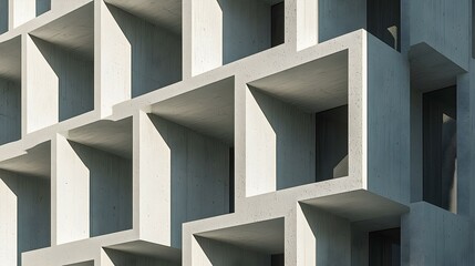 Fototapeta premium Abstract concrete building facade with geometric patterns and shadows. Modern architecture, geometric design, sunlight.