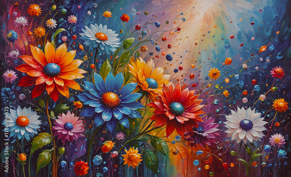Poster painting of a field of flowers with a bright sun in the background. the flowers are of various color