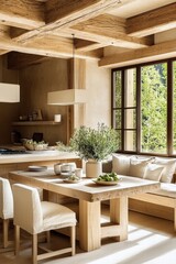 Cozy modern dining experience in a rustic kitchen natural light interior design relaxing atmosphere