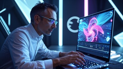Man using AI software on a laptop to generate images, showcasing a futuristic user interface with visual prompts, image created by artificial intelligence