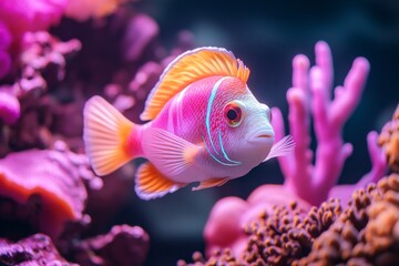 Fototapeta premium A charming pixel art depiction of a UV lens capturing glowing patterns on a coral reef, with tiny neon details and colorful pixelated reflections