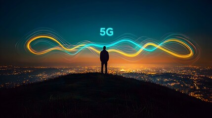 Fototapeta premium Silhouette of a man on a hilltop overlooking a city at night, with vibrant 5G light trails in the sky. Image depicts technological advancement and connectivity.