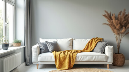 white sofa with mustard yellow throw gray pillows a modern room