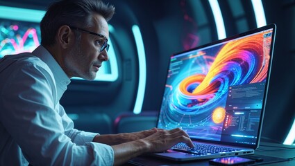 Man using AI software on a laptop to generate images, showcasing a futuristic user interface with visual prompts, image created by artificial intelligence