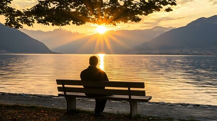 Obraz premium Serene sunset view from a lakeside bench. Man silhouetted, enjoying peaceful moment.