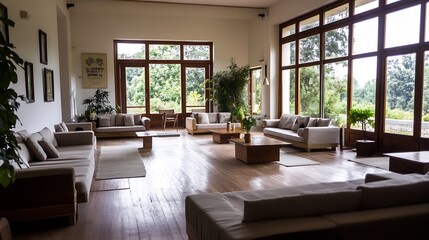 Fototapeta premium Spacious Bright Living Room with Modern Furniture and Large Windows Overlooking Nature : Generative AI