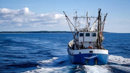 Industrial Fishing Boat Navigating Open Ocean Under a Clear Blue Sky : Generative AI