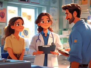 Cartoon-style depiction of a female doctor with a stethoscope discussing patient care with two young professionals in a bright, modern medical setting.