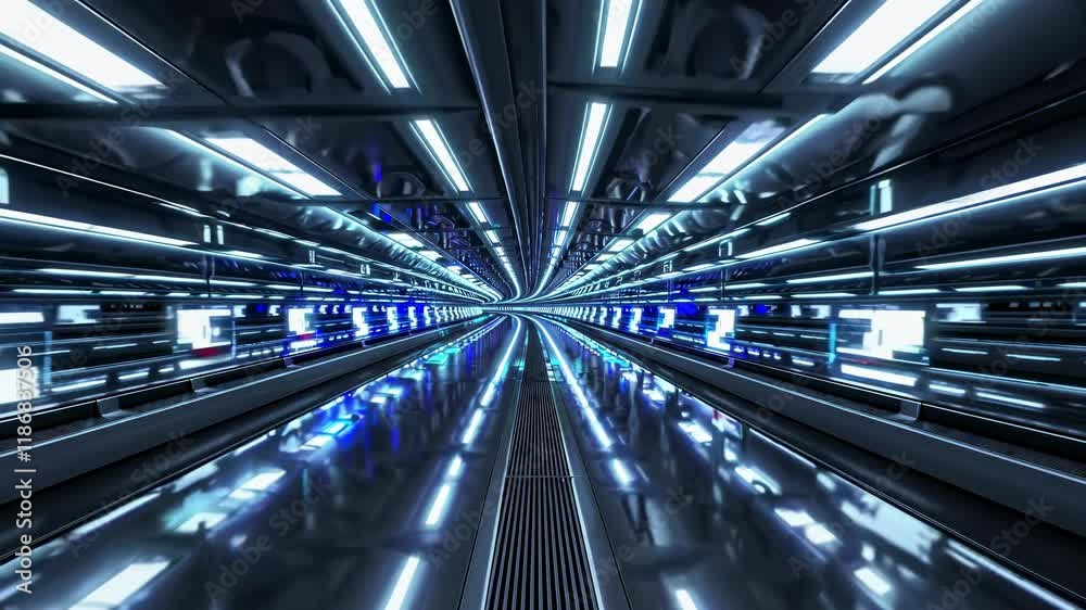 Poster exploring a futuristic tunnel filled with vibrant lights and sleek reflections at an advanced techno