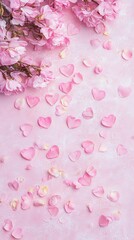 Obraz premium Valentine's Day Celebration with Pink Flowers and Heart Petals Romantic Setting Floral Arrangement Soft Atmosphere Captivating Mood
