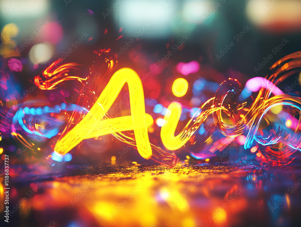 Poster Neon AI text with vibrant colorful lights and abstract bokeh background
