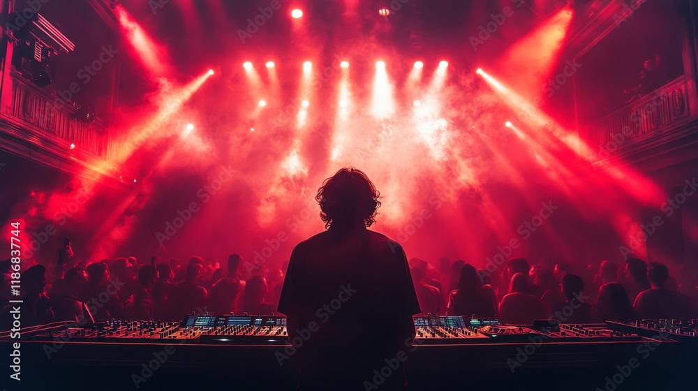 Poster a music producer stands at the mixing console, focused on delivering an electrifying performance.