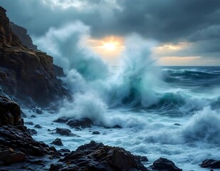 Dramatic Ocean Waves Crashing Against Rocky Coastline at Sunrise