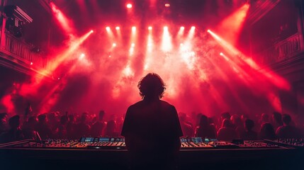 A music producer stands at the mixing console, focused on delivering an electrifying performance.