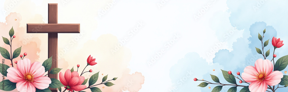 Aufkleber A Watercolor Background Decorated With A Christian Cross Is Adorned With Flowers In This Design Featuring Copy Space For Text Overlay. 00002