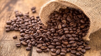 Fototapeta premium Rustic Coffee Beans Spilled from Burlap Sack on Wooden Table Top View : Generative AI